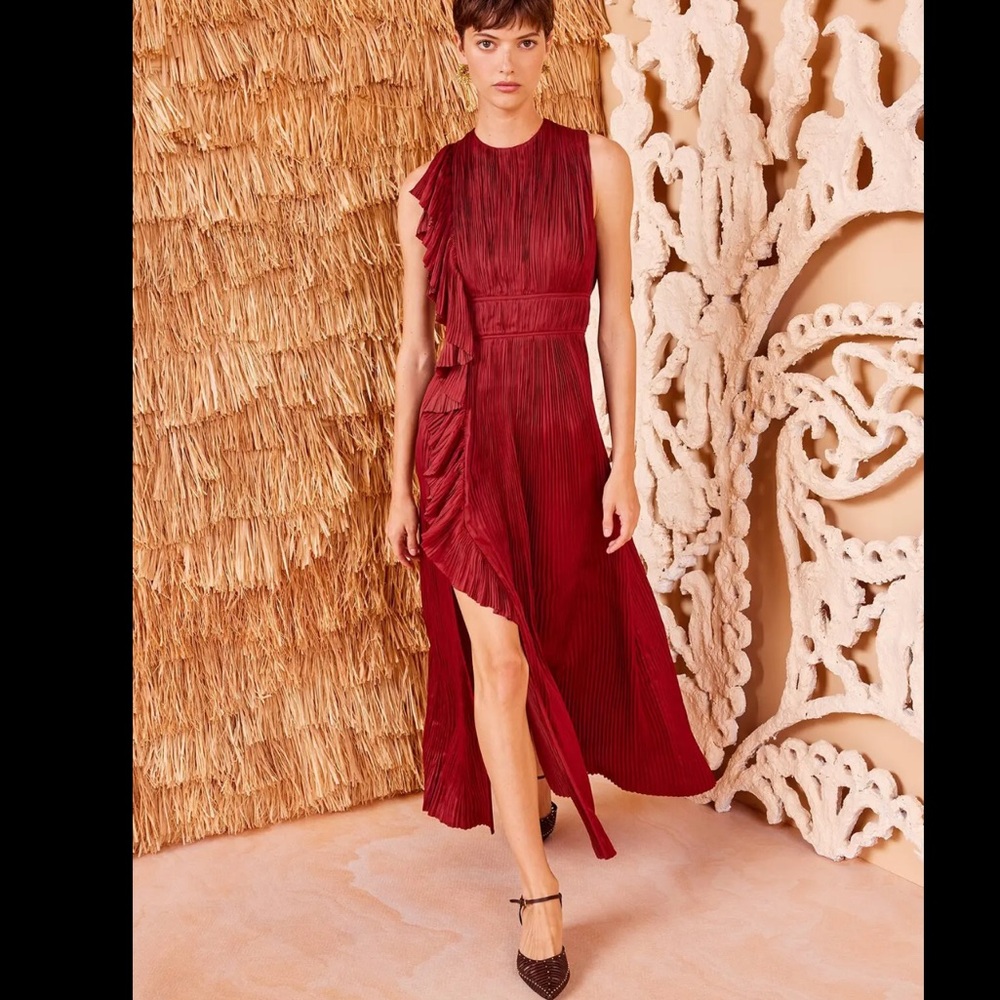 ULLA JOHNSON Luisa Plissé Satin Midi Dress Sz 00